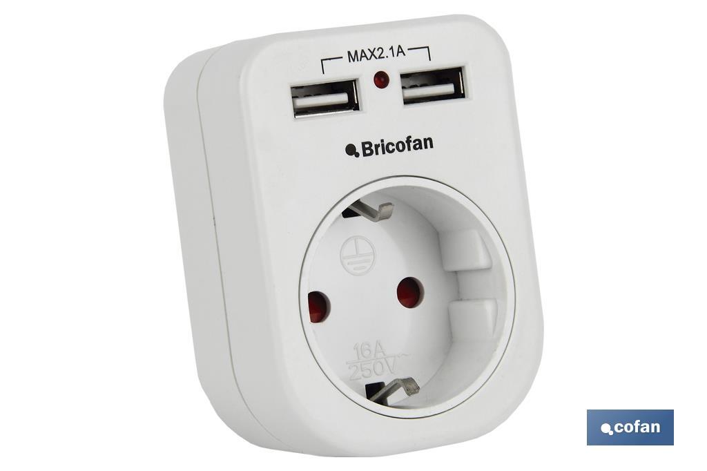 Adaptador de enchufe bipolar | Con una toma frontal | Incluye 2 puertos USB